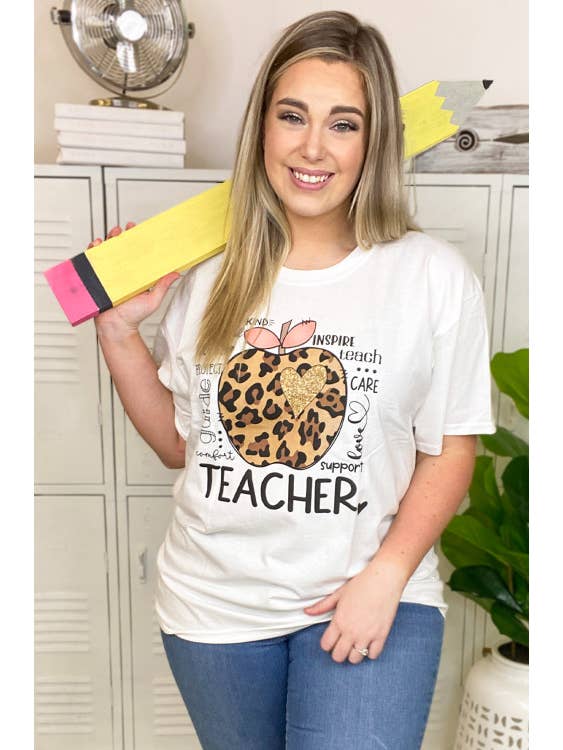 Leopard Glitter Apple Teacher T-Shirt