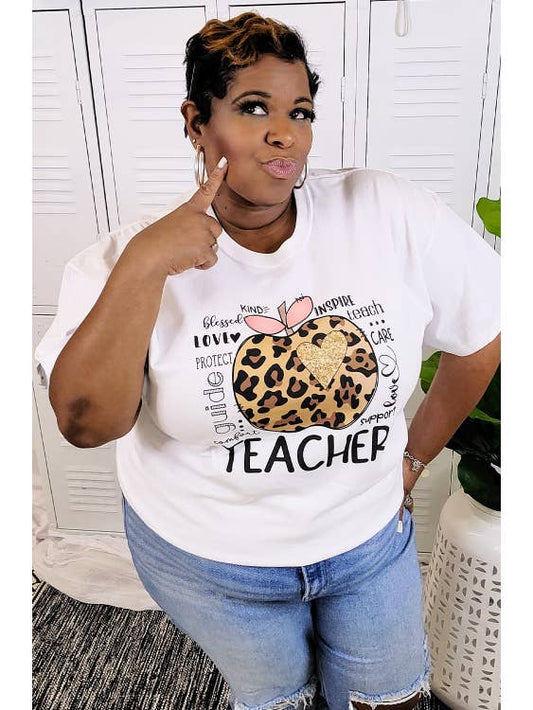 Leopard Glitter Apple Teacher T-Shirt