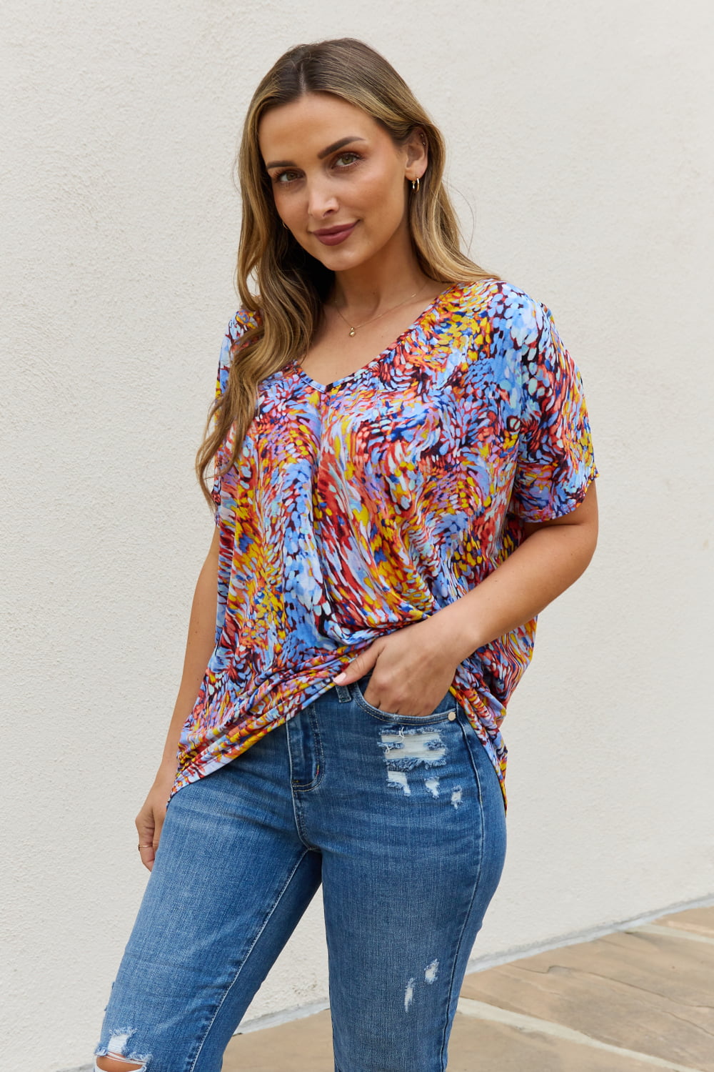 Be Stage Full Size Printed Dolman Flowy Top